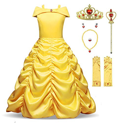Girls Princess Belle Costume Layered Off Shoulder Party Dress (5-6 Years) Yellow