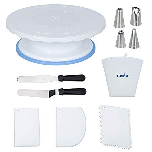 FOR BAKE Cake Stand,Cake Turntable,Rotating Cake Turntable Lace Edge,Cake Decorating Supplies,with 2 Cake Spatulas and Piping Tips Set