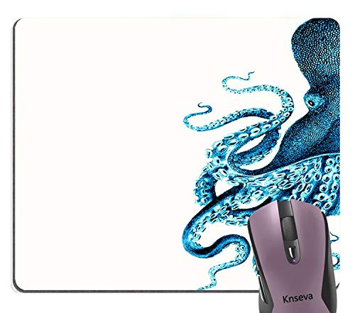 Knseva Abstract Vintage Blue Octopus with Tentacles Print Art Mouse Pad Custom, Cool Sea Monster White Mouse Pads