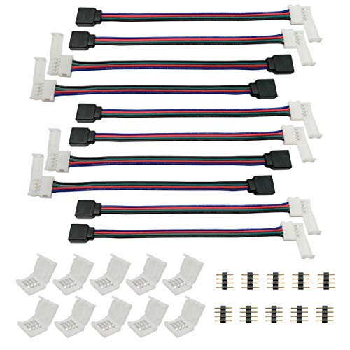 LED Light Strip Connector 5050 RGB 4 pin 10mm Wide Quick Connector, Prettysunshine LED Tape Light Snap Down Connector- RGB LED 4 pin Strip to Power Adaptor with Solderless Clamps (10pcs/ Pack)