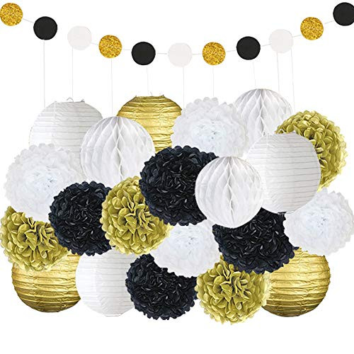 Tissue Paper Flowers Pom Pom Lanterns Party Decorations with Honeycomb Balls, Mixed Gold White Black Paper Garland for Birthday, Baby Shower, Anniversary, Wedding