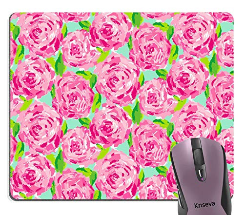 Knseva Pink Rose Flowers Green Leaves Abstract Seamless Painting Art Mouse Pad, Vintage Romantic Floral Artwork Cute Mouse Pads