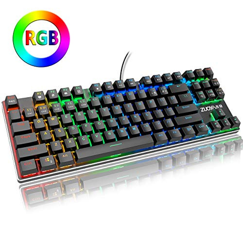 ZUOYA RGB Mechanical Gaming Keyboard Small Compact 87 Keys Anti-ghosting RGB LED Backlit Keyboard with Blue Switch Wired USB for Windows PC Laptop Computer Game (RGB Backlight Blue Switch)