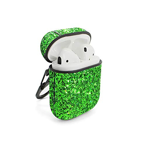 HIDAHE Airpod Case Cover, Skin for Airpods, Girly Airpod Case, Bling Glitter Luxury Leather Covers with Keychain Cute Girls Kids Protective Case for Apple Airpods 1 & 2 Charging Case, Green