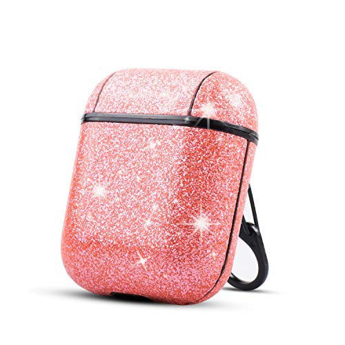 Airpod Cases Cute, Pink Girly Airpod Case, Luxury Skin for Airpods, HIDAHE Bling Glitter Leather Case Covers with Keychain Girls Kids Protective Case for Apple Airpods 1 & 2 Charging Case, Pink