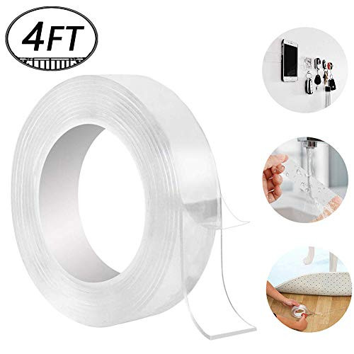 Washable Adhesive Tape, Hompie 4 FT Traceless Reusable Clear Double Sided Anti-Slip Nano Gel Pads,Removable Sticky Transparent Strips Grip for Glass, Metal, Kitchen Cabinets or Tile Nano Tape-1.2m