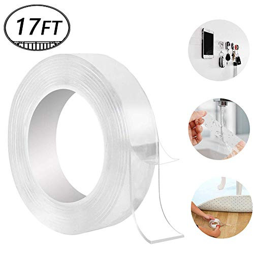 Washable Adhesive Tape, Hompie 17FT Traceless Reusable Clear Double Sided Anti-Slip Nano Gel Pads,Removable Sticky Transparent Strips Grip for Glass, Metal, Kitchen Cabinets or Tile Nano Tape-5.2m