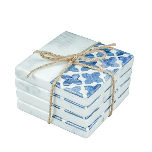 Thirstystone NM235 Marble Coaster, One Size, Sq Wht w/Dark Blue Inlay