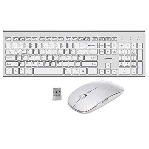 Wireless Keyboard and Mouse,FENIFOX 2.4GHz USB Dual System Switching Ergonomic Full Size USB Quiet Compatible with PC Computer Laptop Tv iMac MacOS Windows (Silver White)