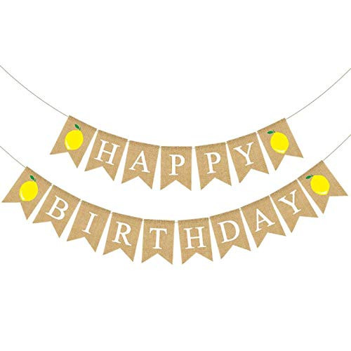 Jute Burlap Happy Birthday Banner with Lemon Lemonade Birthday Party Garland Decoration