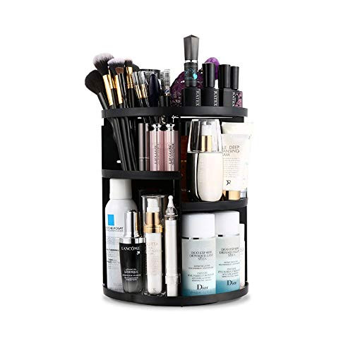 360 Rotating Makeup Organizer, DIY Adjustable Makeup Carousel Spinning Holder Storage Rack, Large Capacity Make up Caddy Shelf Cosmetics Organizer Box, Best for Countertop, Black