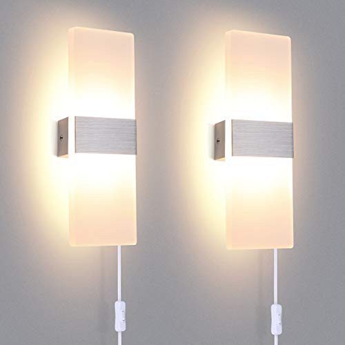 TRLIFE Modern Wall Sconces Set of 2, Plug in Wall Sconces 12W 3000K Warm White Acrylic Wall Sconce Lighting with On/Off Switch