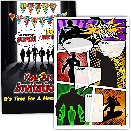 30 Superhero Birthday Party Invitations with Envelopes - Double Sided- Comic Book Style Superhero Party Invites - Superhero Party Supplies