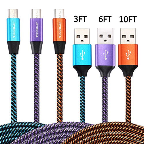 Micro USB Cable 3FT 6FT 10FT 3pack,High Speed Android Charger, Extra Long Nylon Braided Compatible with Samsung, Kindle, HTC, Motorola, Nokia,LG.Bynccea