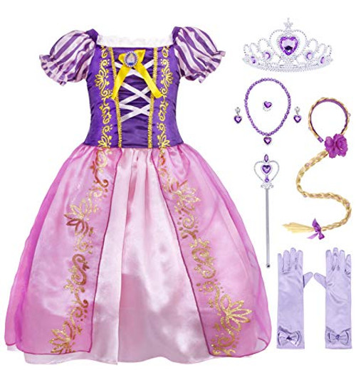 HenzWorld Princess Rapunzel Party Dress Costume Little Girls Halloween Cosplay Outfits Wand Tiara Gloves Wig Headband Set Purple 4-5 Years