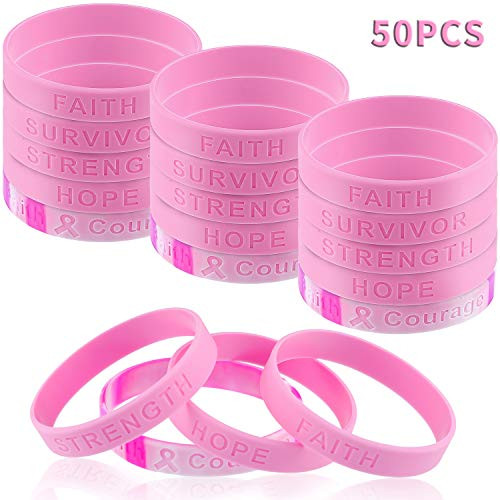 50 Pieces Pink Ribbon Bracelets Breast Cancer Awareness Bracelets Hope Faith Strength Courage Silicone Wristbands