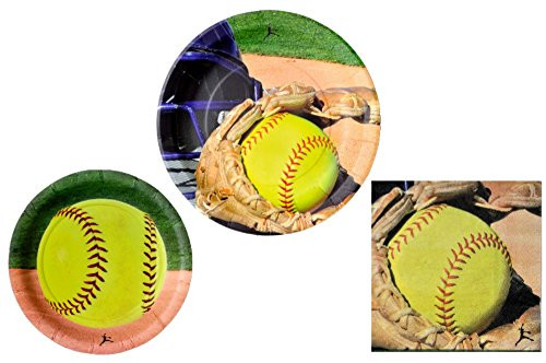 Softball Party Supplies - Bundle Includes Paper Plates and Napkins for 16 Guests