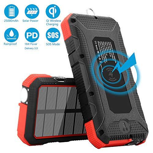 Solar Charger 25000mAh SendowTek 18W PD Portable Power Bank USB C Charging Wireless Phone Charger with Dual 2.1A USB Output External Battery Pack Rainproof Flashlight Carabiner for Camping, Emergency