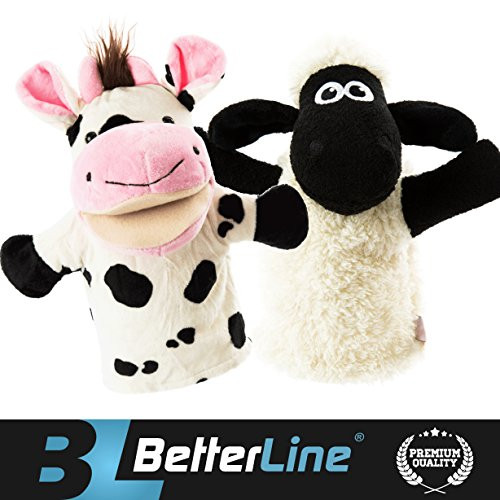 BETTERLINE Animal Hand Puppets Set of 2 Premium Quality, 9.5 Inches Soft Plush Hand Puppets for Kids- Perfect for Storytelling, Teaching, Preschool, Role-Play Toy Puppets (Cow and Sheep)