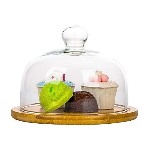 Glass Cheese Dome with Wood Base Bamboo Serving Platter Tray Server Cake Stand with Dome Dessert Stand Cake Plate Use as Salad Punch Bowl/Veggie Desert Platter/Nachos & Salsa Plate Ø 21x16cm