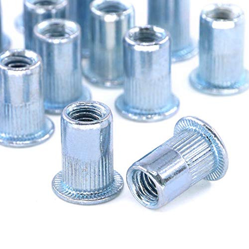 Swpeet 50Pcs #1/4-20" Imperial Zinc Plated Carbon Steel Blue White Knurled Rivet Nut Flat Head Threaded Insert Nutsert