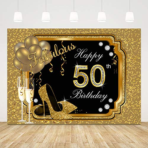 Happy 50th Birthday Backdrop for Women Black and Gold Birthday Photo Background 7x5ft Glitter Balloons High Heels Birthday Backdrop 50th Birthday Back Drops for Photo Shoot Fifty Birthday Party Favors