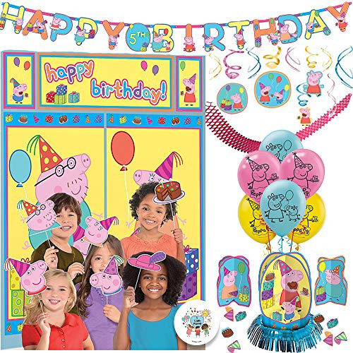 The Ultimate Peppa Pig Birthday Party Decorations Supplies Pack With Peppa Pig Wall Scene Setter, 6 Balloons, Add An Age Birthday Banner, Swirl Decorations, Table Decorating Kit, and Exclusive Pin