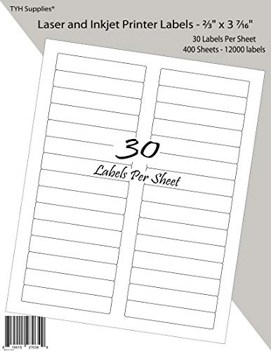 TYH Supplies File Folder Labels White Matte 2/3 x 3-7/16 Inch, 12000 Labels, Laser & Inkjet, Strong Adhesive, Compatible with Avery 8366 Template