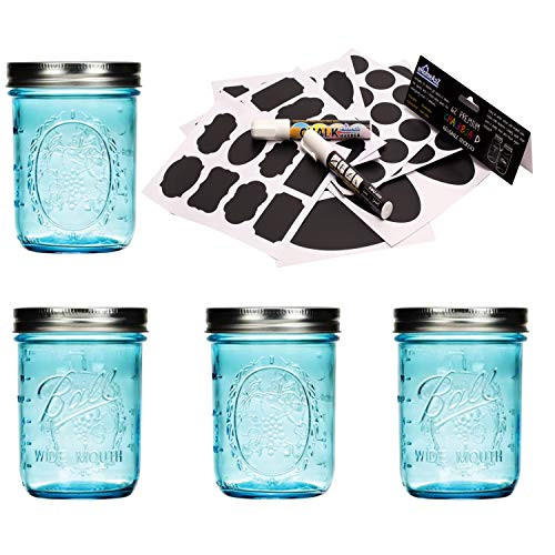 Ball Mason Jar 16 oz Aqua Blue Glass Collection Elite Wide Mouth Set of 4 Jars Bundle With eHomeA2Z 62 Premium Reusable Chalkboard Stickers + 2 Large Erasable Markers (16 Oz Wide Mouth, Aqua Blue)