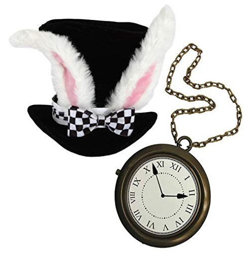 White Rabbit Costume Set, Black Top Hat with White Rabbit Ears, with Jumbo Clock Necklace, Halloween Costume Accessory's Hip Hop Rapper Costume by 4Es Novelty