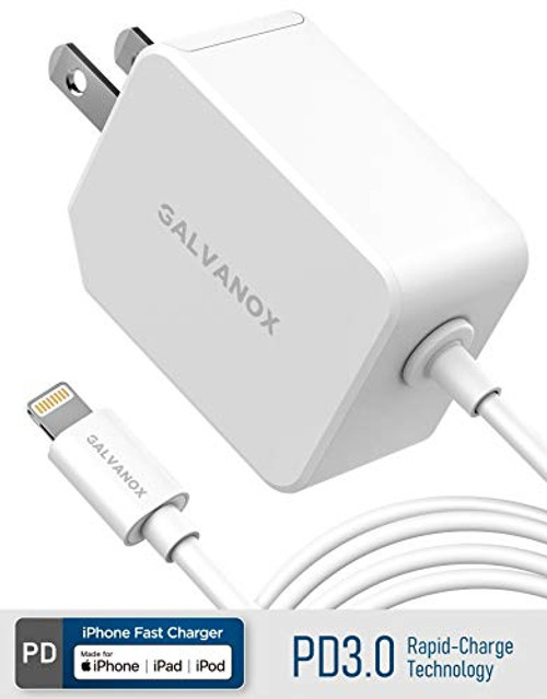 Galvanox Ultra Fast iPhone Charger - Apple Certified 20W PD Wall Plug Adapter with Built-in Lightning Cable - Rapid Charging Supported on: iPhone 8, 8 Plus, XR, X, XS Max and iPad (White)