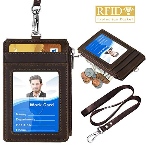 ELV Badge Holder with Zipper, PU Leather ID Badge Card Holder Wallet with 5 Card Slots, 1 Side RFID Blocking Pocket and 20 inch Neck Lanyard Strap for Offices ID, School ID, Driver Licence