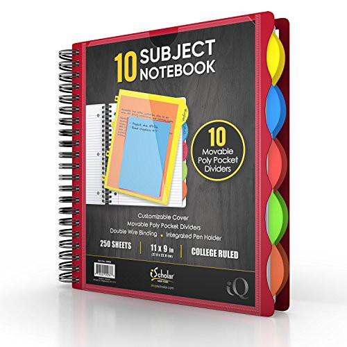 IQ iScholar Poly Cover 10 Subject Notebook, College Ruled, 11 x 8.5", 250 Sheets, Color Will Vary (58900)