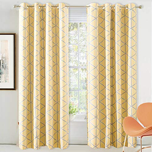 DriftAway Raymond Geometric Triangle Trellis Pattern Lined Thermal Insulated Blackout Grommet Energy Saving Window Curtains 2 Layers 2 Panels Each 52 Inch by 84 Inch Gray and Yellow