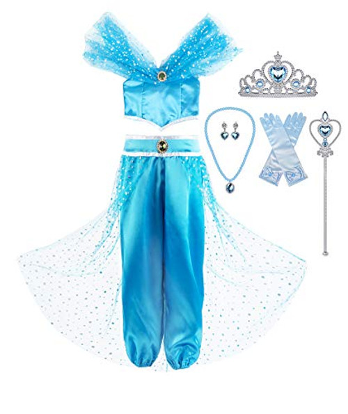 Okidokiyo Girls Princess Jasmine Dress Up Costumes Halloween Party Dress with Accessories (4-5 Years, Blue with Accessories)