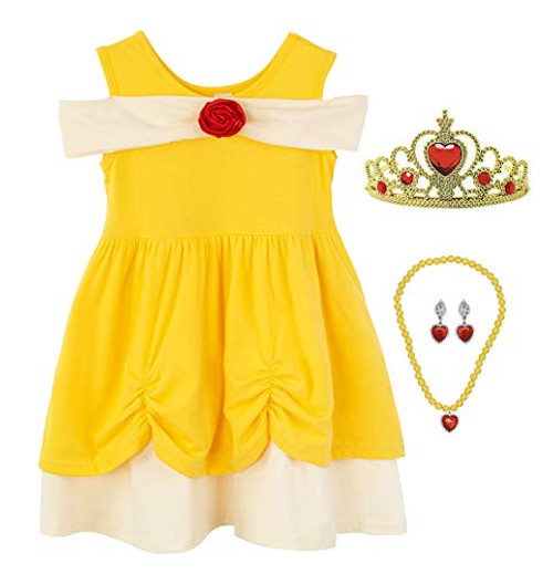 Little Girl Mermaid Dress Snow White Belle Rapunzel Cinderella Elena Costume (5-6 Years, Belle with Accessories)