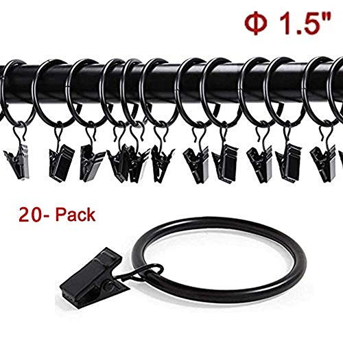 Curtain Rings with Clips - 1.5'' Interior Diameter , Set of 20, Rustproof Vintage Black - Strong Metal Decorative Drapery Window Curtain Ring with Clip (Curtain Clip Rings/Drapery Rings/Drapery Clip