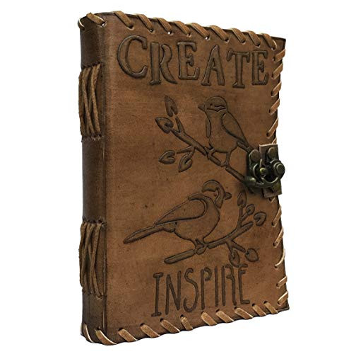 Vintage Bird Embossed Blank Book Sketchbook Notebook Leather Journal/Instagram Photo Album (Handmade Paper) - Coptic Bound with Lock Closure Notebook