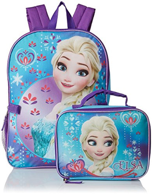 Disney Girls' Frozen Anna & Elsa Backpack with Lunch Bag, Blue/Purple