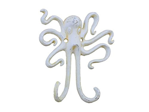 Hampton Nautical  Antique Cast Iron Decorative Wall Mounted Octopus Hook, 7", White