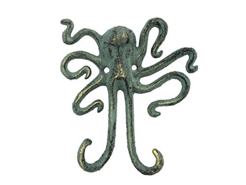 Hampton Nautical  Antique Cast Iron Decorative Wall Mounted Octopus Hook, 7", Bronze
