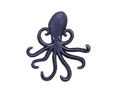 Hampton Nautical Rustic Dark Blue Wall Mounted Octopus Hooks 7"-Cast Decoration-Antique Iron, Solid