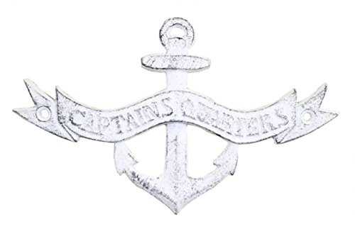 Hampton Nautical Whitewashed Anchor Captains Quarters Sign 8"-Decorative Metal Wall Art-Cast Iron Nautical