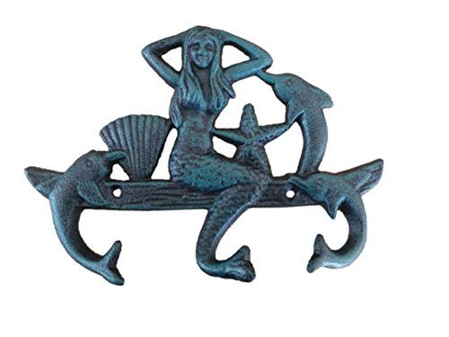 Hampton Nautical Cast Iron Mermaid with with Dolphin Hooks, 9", Sea Worn Blue