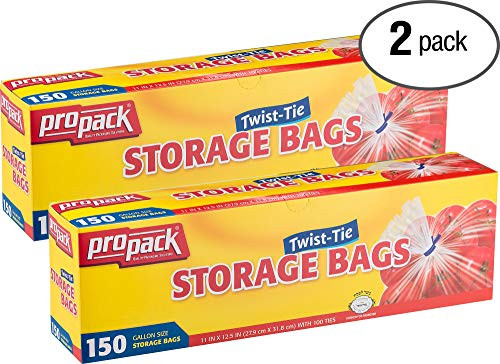 propack Disposable Plastic Storage Bags with Original Twist Tie, 1 Gallon Size, 300 Bags, Great for Home, Office, Vacation, Traveling, Sandwich, Fruits, Nuts, Cake, Cookies, Or Any Snacks (2 Packs)