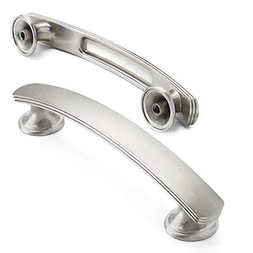 Cauldham 10 Pack Solid Kitchen Cabinet Arch Pulls Handles (3-3/4" Hole Centers) - Curved Drawer/Door Hardware - Style T750 - Satin Nickel