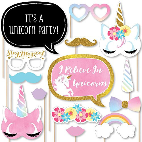 Rainbow Unicorn - Magical Unicorn Baby Shower or Birthday Party Photo Booth Props Kit - 20 Count