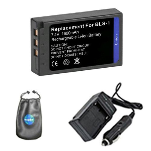 Amsahr S-BLS1 Digital Replacement Battery Plus Travel Charger for Olympus BLS-1, E-400 with Lens Accessories Pouch (Gray)