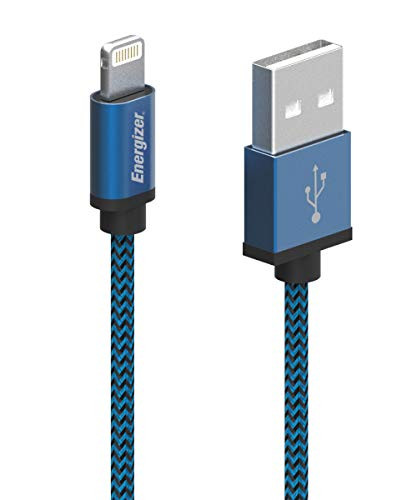 Premier Energizer iPhone Charger Lightning Cable 6ft MFi Fast Charging USB Syncing Cables Nylon Braided Cord Metal Tip, Blue 6 Feet