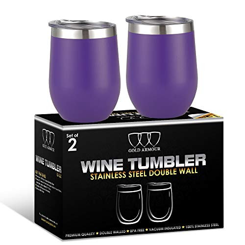 2Pack Stainless Steel Stemless Wine Glass Tumbler with Lid, 12 oz | Double Wall Vacuum Insulated Travel Tumbler Cup - Sweat Free, Unbreakable, BPA Free (Purple)